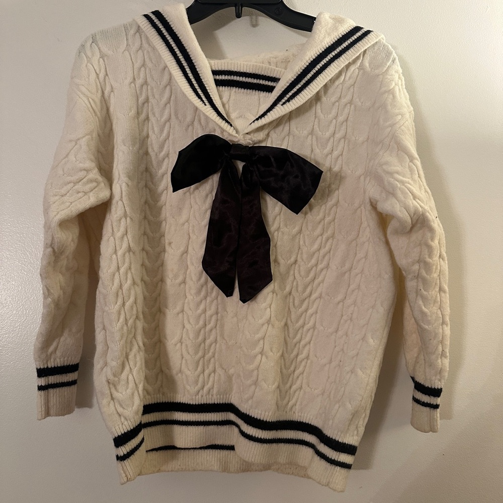 Women's Cream Cable Knit Sweater with Black Bow